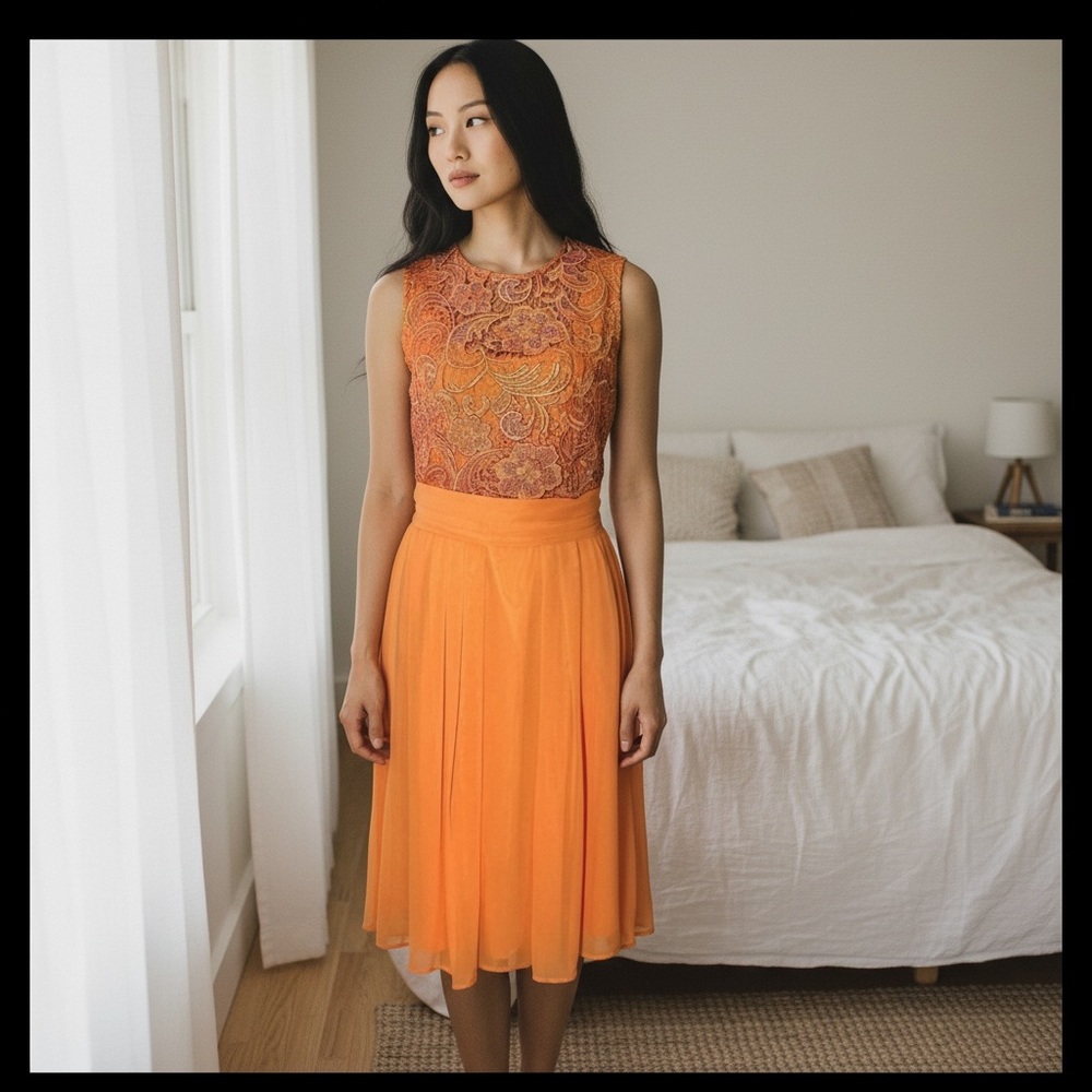 Eva Mendes Sleeveless Orange Lace A-Line Formal Feminine Delicate Dress Size 4
